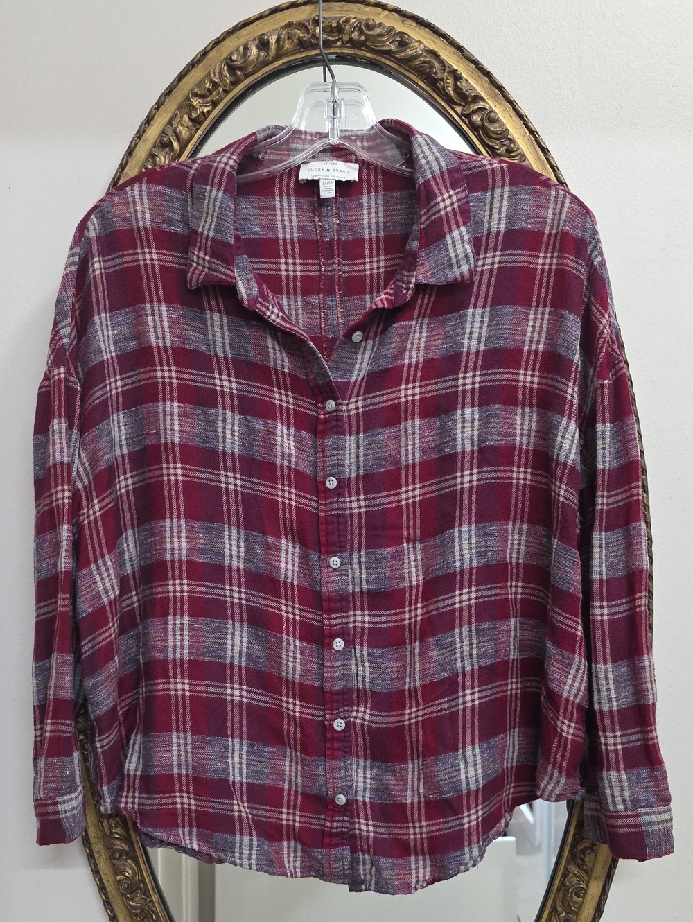Lucky Brand Womens Plaid Button-Up Shirt in Burgundy Gray Size M Long Sleeve